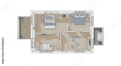 Architectural vector illustration showing people in a living room and bedroom setting from a top-down perspective, white background