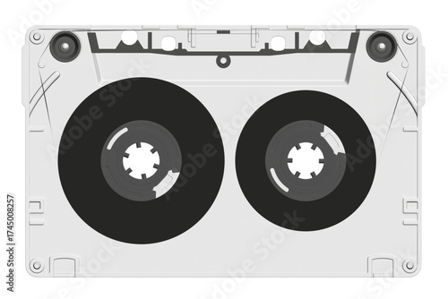 Polygonal cassette tape animation in black and white appears to be moving on a clean white background.