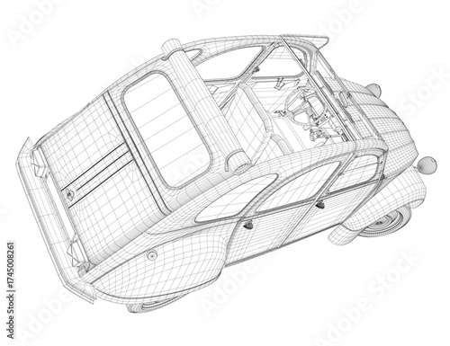 Retro car 3D wireframe model on a white background, showcasing the iconic retro mini car's detailed structure and minimalist design.