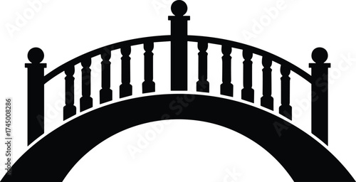 Bridge silhouette, arched bridge vector, pedestrian walkway design, architectural icon, black bridge artwork, decorative railing illustration, traditional structure graphic element