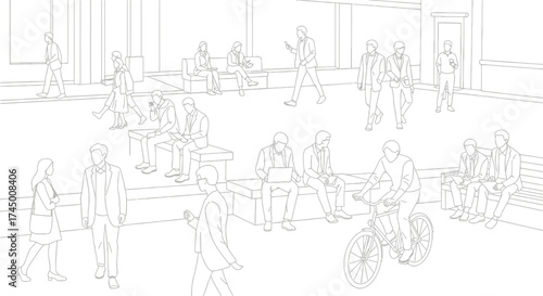 Architectural vector illustration of various people engaged in different activities, outlined in a minimalist style, white background