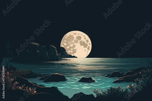 night landscape featuring a calm sea and glowing moon reflected on the water. Perfect for wall art, posters, greeting cards, meditation visuals