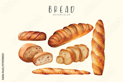 Bread Baguette Set Watercolor Bakery Illustration Fresh Artisan Bread Clipart on white isolated background