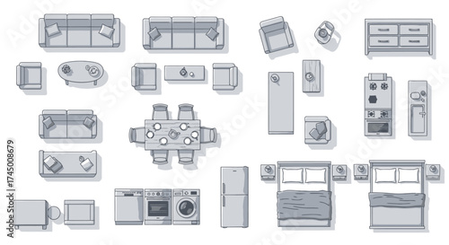 Top view illustration featuring furniture and appliances for interior design planning, white background