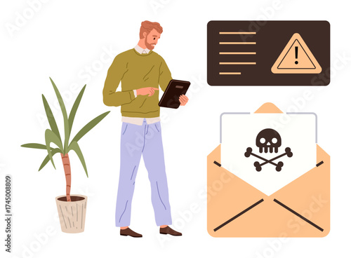 Man with tablet standing beside a plant, reviewing a digital warning sign and open envelope with malware skull. Ideal for cybersecurity, phishing, malware, hacking, online safety, data protection