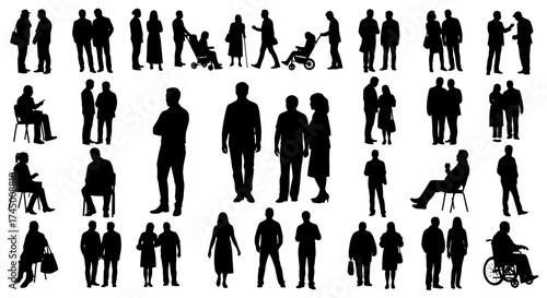 Collection of diverse people outlines in various poses, ideal for architectural renderings and design layouts, white background