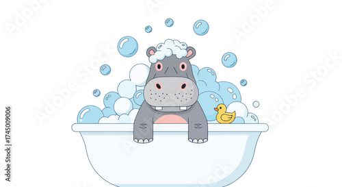 Cute cartoon hippo enjoying a bubble bath with a rubber ducky.