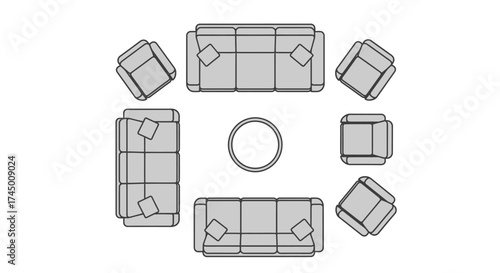 Furniture arrangement with sofas and chairs in top view vector illustration, white background