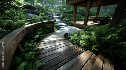 Wooden bridge pathway through forest park and garden nature trail