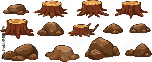 Cartoon tree stumps and rocks, forest ground elements, nature illustration, stylized wood textures, broken stump, grass base, vector drawing