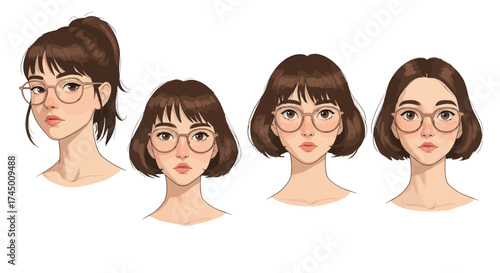 Variety of Beautiful Cartoon Woman Faces with Different Hairstyles and Eyeglasses