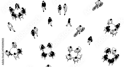 Architectural vector image showing people in various positions from a top-down perspective, white background
