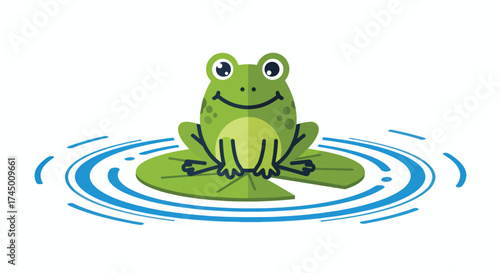A cheerful green frog sits on a lily pad in rippling water.