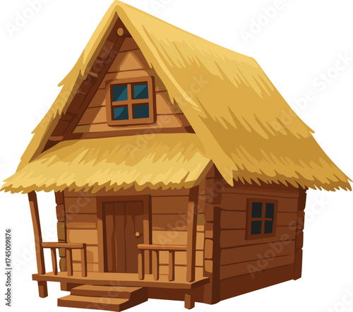 Cartoon wooden house, rustic thatched roof cottage, rural cabin illustration, traditional architecture drawing, forest hut design, vector art, countryside home