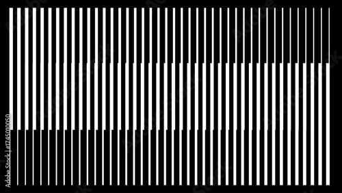 black and white optical illusion with vertical lines creating sense of movement and depth. alternating pattern of lines plays with visual perception, making it appear dynamic