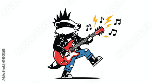 Punk rock badger playing electric guitar with mohawk and leather jacket.