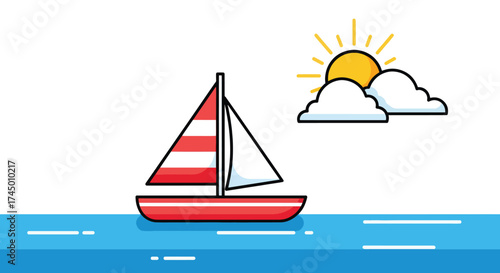 A simple red sailboat with white and red striped sails on a blue ocean under a sunny sky with clouds.