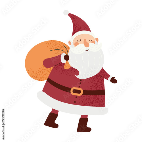 Santa Claus with gift bag. Christmas character in red costume, holding presents. Flat vector illustration, isolated on white background.