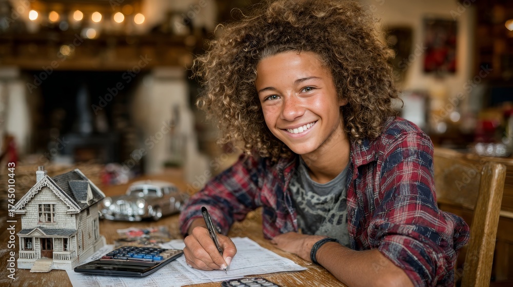 Fototapeta premium Financial Future Planning Aspiring Homeowner Calculates Savings for Dream Property Investment Goal