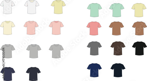 Color t-shirt collection, apparel mockup set, fashion vector design, clothing illustration, wardrobe color palette, casual wear icons, shirt inventory graphic