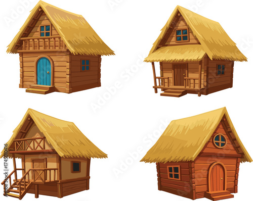 Cartoon wooden houses, rustic thatched roof cottages, rural cabin illustrations, traditional architecture drawing, countryside home design, vector art, fantasy village