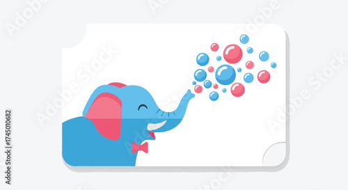 Cute blue elephant blowing colorful bubbles from its trunk.