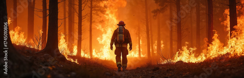 Wallpaper Mural Brave firefighter walks through burning forest. Dramatic photo shows flames consuming trees. Fireman wears safety gear fighting massive wildfire. Nature destruction danger. Emergency rescue operation. Torontodigital.ca
