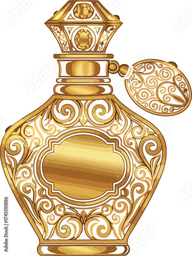 Elegant golden perfume bottle with intricate floral filigree detail
