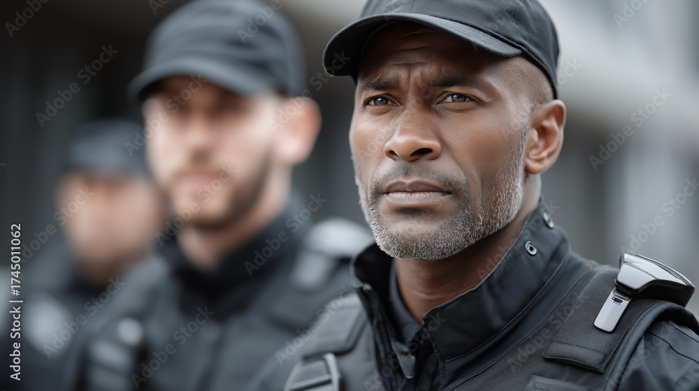 Fototapeta premium A man with a black hat and a black vest stands with two other men
