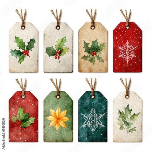Holiday gift tags with festive designs and textures.