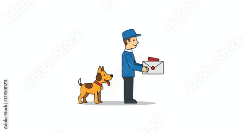 Postman with dog and mail illustration.