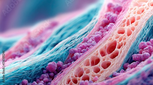 A vibrant microscopic view of cells, showcasing intricate structures in shades of pink and blue, highlighting the complexity of biological forms.