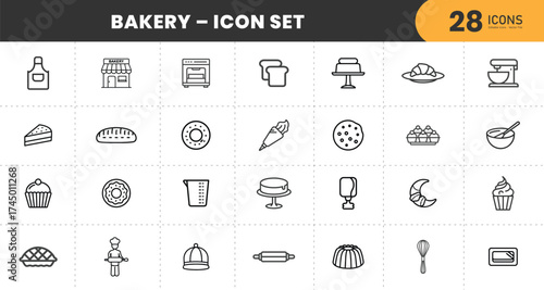 Bakery icon set with bread, cake, cookies, muffins, pastries, baking tools, kitchen utensils, sweets, desserts, and food preparation with transparent Background.