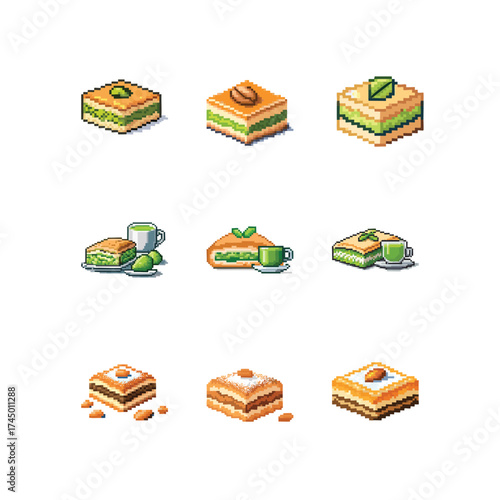 Pixel art illustration of various traditional Turkish baklava pastries with nuts and tea.
