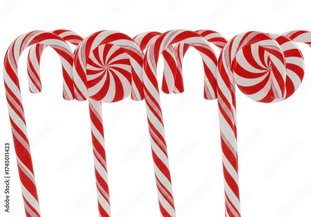 Obraz premium Row of red and white striped candy canes isolated on white background