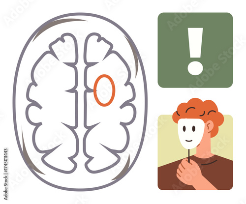 Brain scan highlighting region, man holding mask symbolizing emotions, exclamation mark denoting awareness. Ideal for psychology, neuroscience, mental health, self-awareness, emotions, cognition