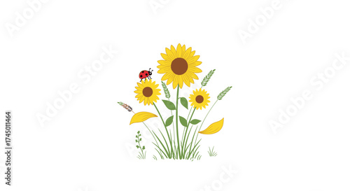 A cheerful bouquet of bright yellow sunflowers stands tall with a ladybug perched on a petal and green grass all around.