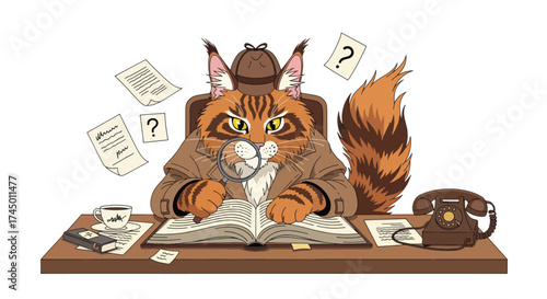 A Maine Coon cat detective wearing a deerstalker hat and trench coat examines a book with a magnifying glass.