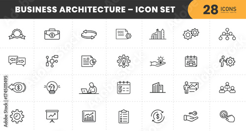 Business Architecture Icon Set – Line Icons for Planning, Process, Management, Organization, Strategy, Development, Teamwork, Analysis, Workflow, Growth, and Success  with transparent Background.