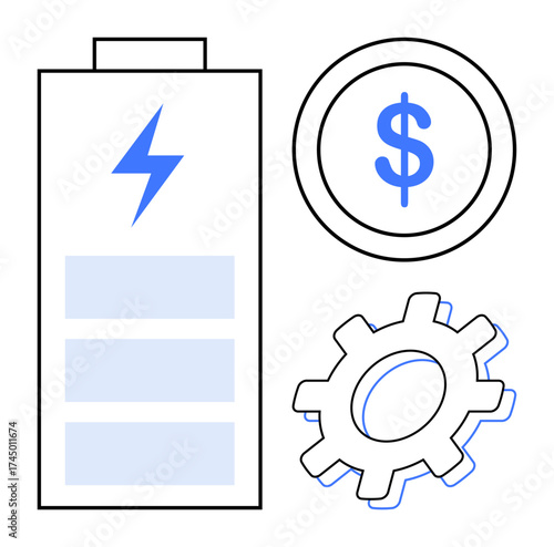 Battery with lightning bolt, currency circle, and gear depicting energy, finances, and efficiency. Ideal for business, finance, productivity, energy solutions sustainability innovation progress
