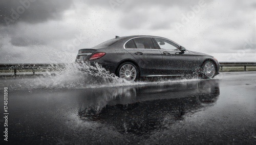 A gray sedan speeds through a rain puddle, creating a splash on a wet road
