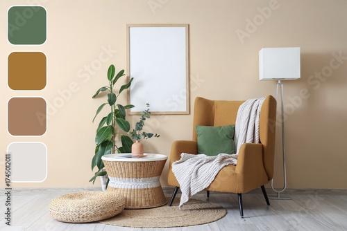 Armchair, table, lamp, pouf...