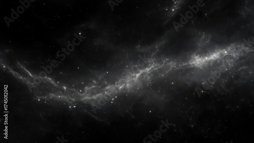 A grayscale depiction of a nebulous space scene with stars and ethereal gas formations