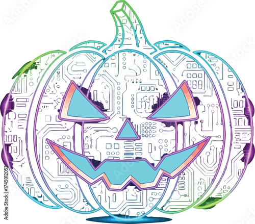 Cyberpunk Halloween pumpkin glows with neon circuit board design