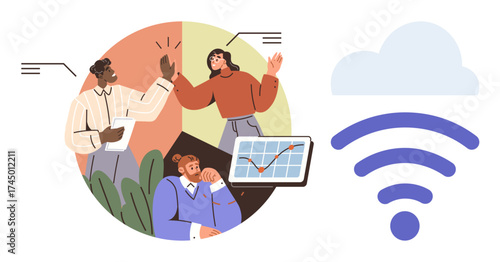 Diverse team brainstorming and celebrating success with graphs, cloud computing, and wireless connectivity. Ideal for teamwork, innovation, remote work, digital growth, analytics, networking simple
