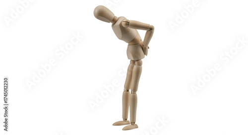 Schilderij op canvas Isolated wooden mannequin bending over with back pain in standing position again
