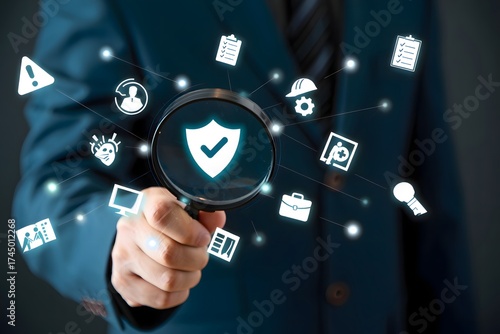 Man in suit holding magnifying glass over shield icon with various safety related icons around it