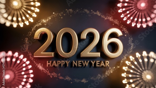 Lavish 2026 new year card with metallic gold 3D text, chandelier-light fireworks and shimmering confetti on black