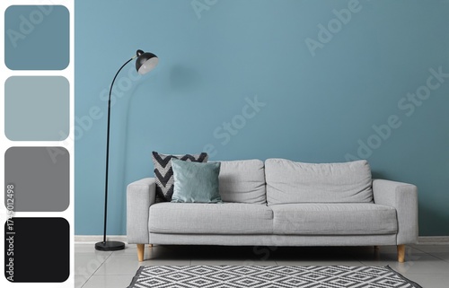 Floor lamp and sofa near bl...