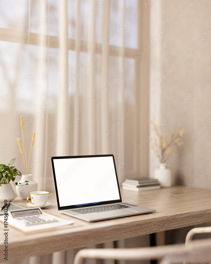 Fototapeta premium White screen laptop with coffee cup and calculator on wooden table aside window with sheer curtain.